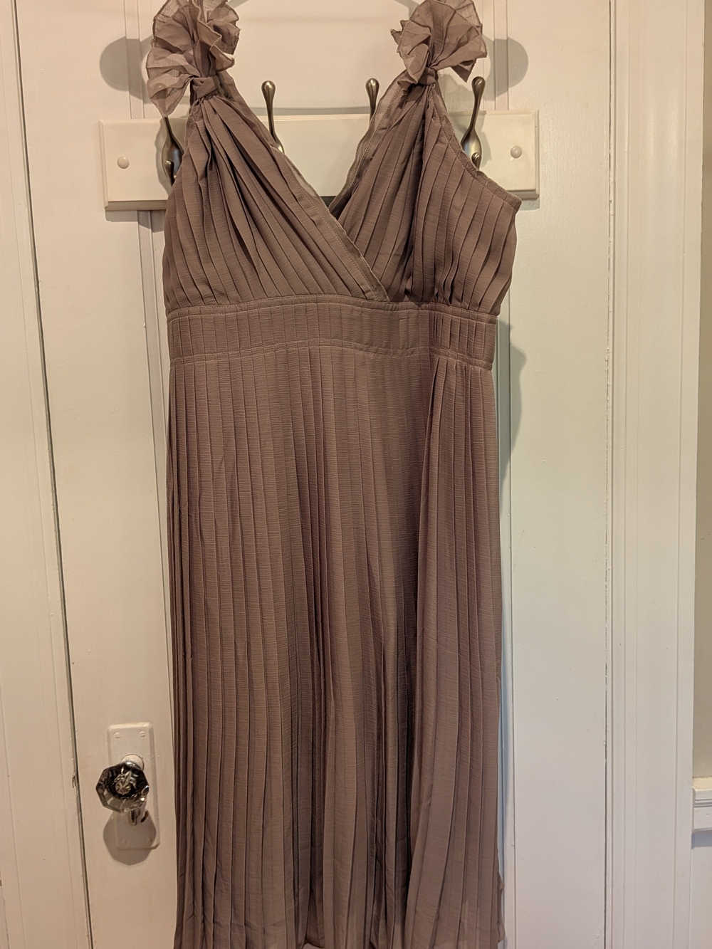 Flouncy And Feminine! Pleated V-Neck Midi Dress in Classic Taupe